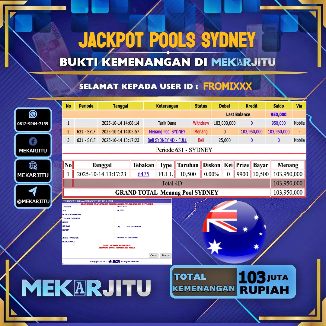 MEKARJITU JACKPOT TOGEL SYDNEY RP.103.000.000,- LUNAS USER ID : FROMI***