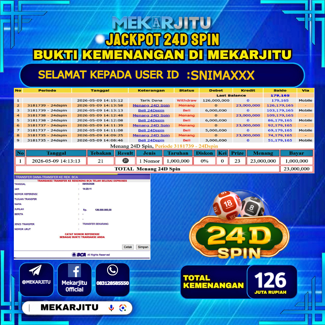 MEKARJITU JACKPOT  LIVE GAMES 24D SPIN  RP.126,000,000-LUNAS USER  ID : SNIMA***                  