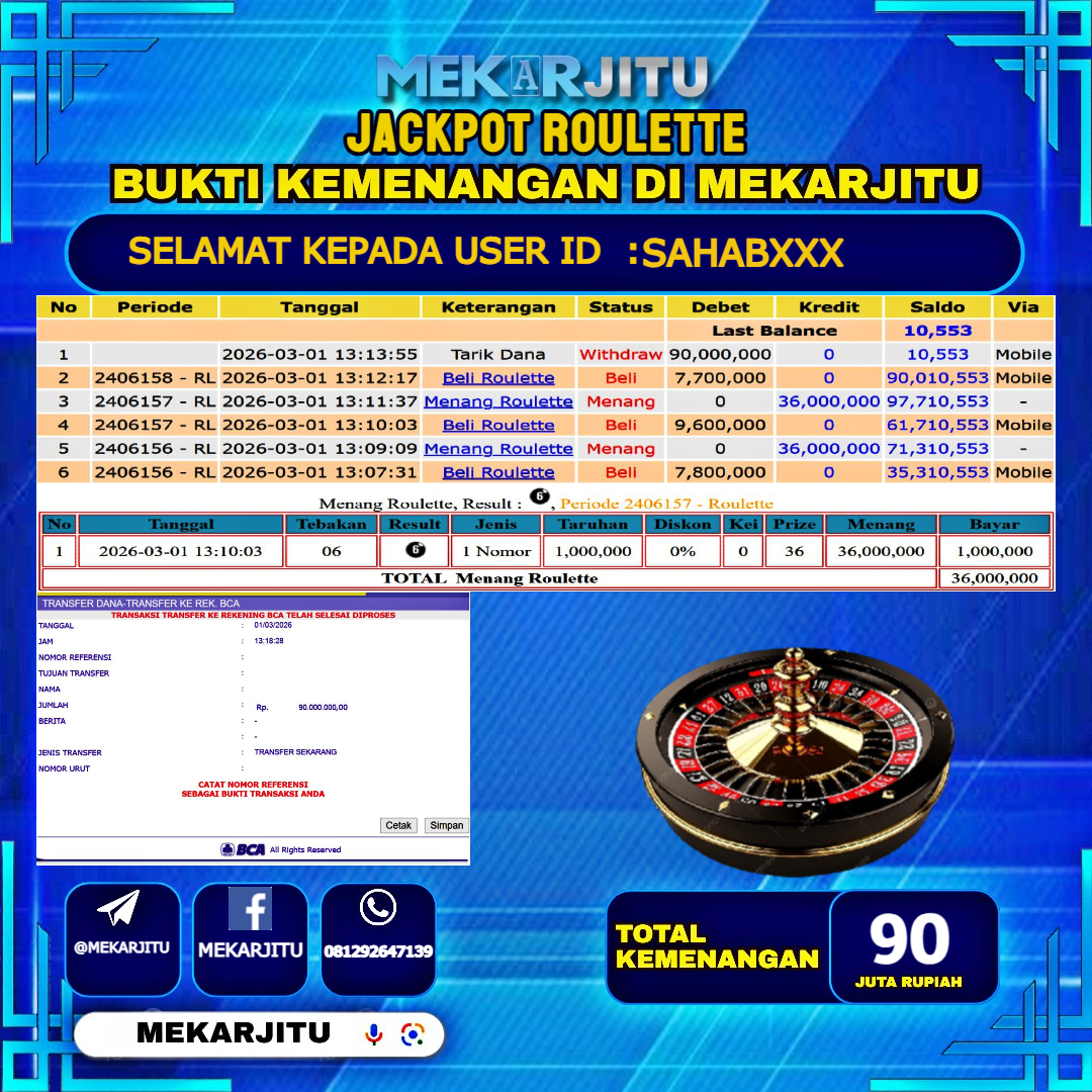 MEKARJITU JACKPOT  LIVE GAMES ROULETTE  RP.90,000,000-LUNAS USER  ID :  SAHAB***                  