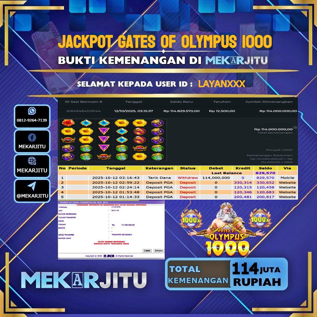 MEKARJITU JACKPOT SLOT GATES OF OLYMPUS 1000 RP.114,000,000-LUNAS USER ID : LAYAN***