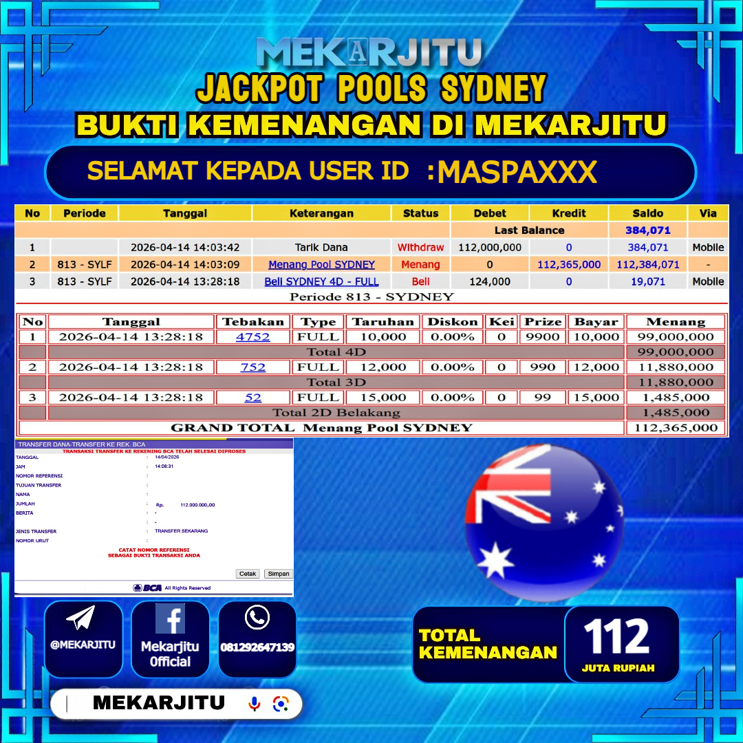 MEKARJITU JACKPOT  TOGEL SYDNEY RP.112,000,000-LUNAS USER  ID : MASPA***                  