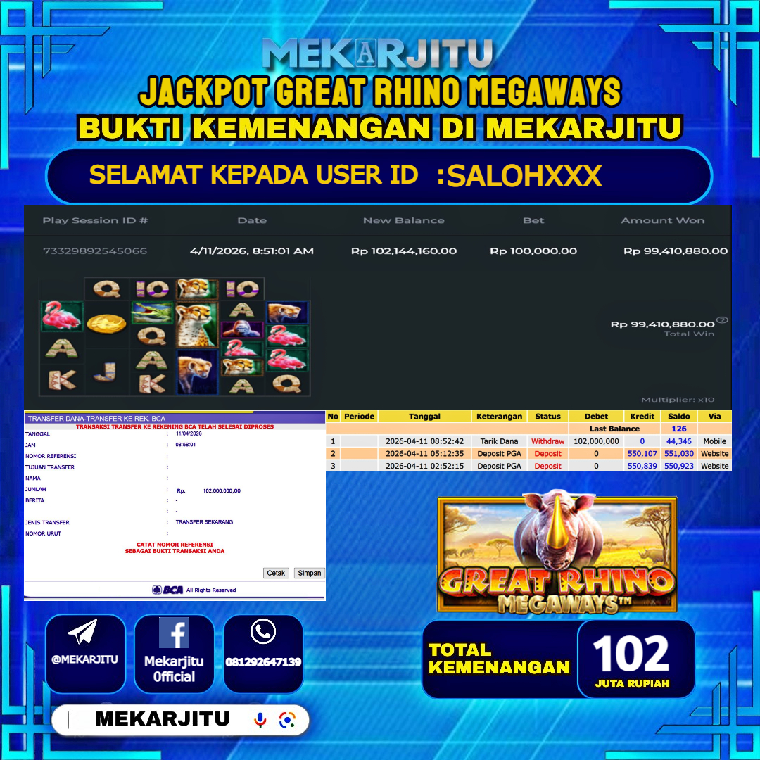 MEKARJITU JACKPOT  SLOT GREAT RHINO MEGAWAYS  RP.102,000,000-LUNAS USER  ID : SALOH***                  