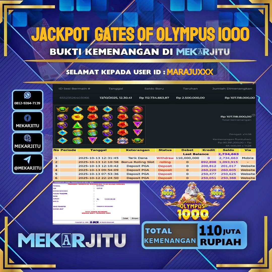 MEKARJITU JACKPOT SLOT GATES OF OLYMPUS 1000 RP.110,000,000-LUNAS USER ID : MARAJU***