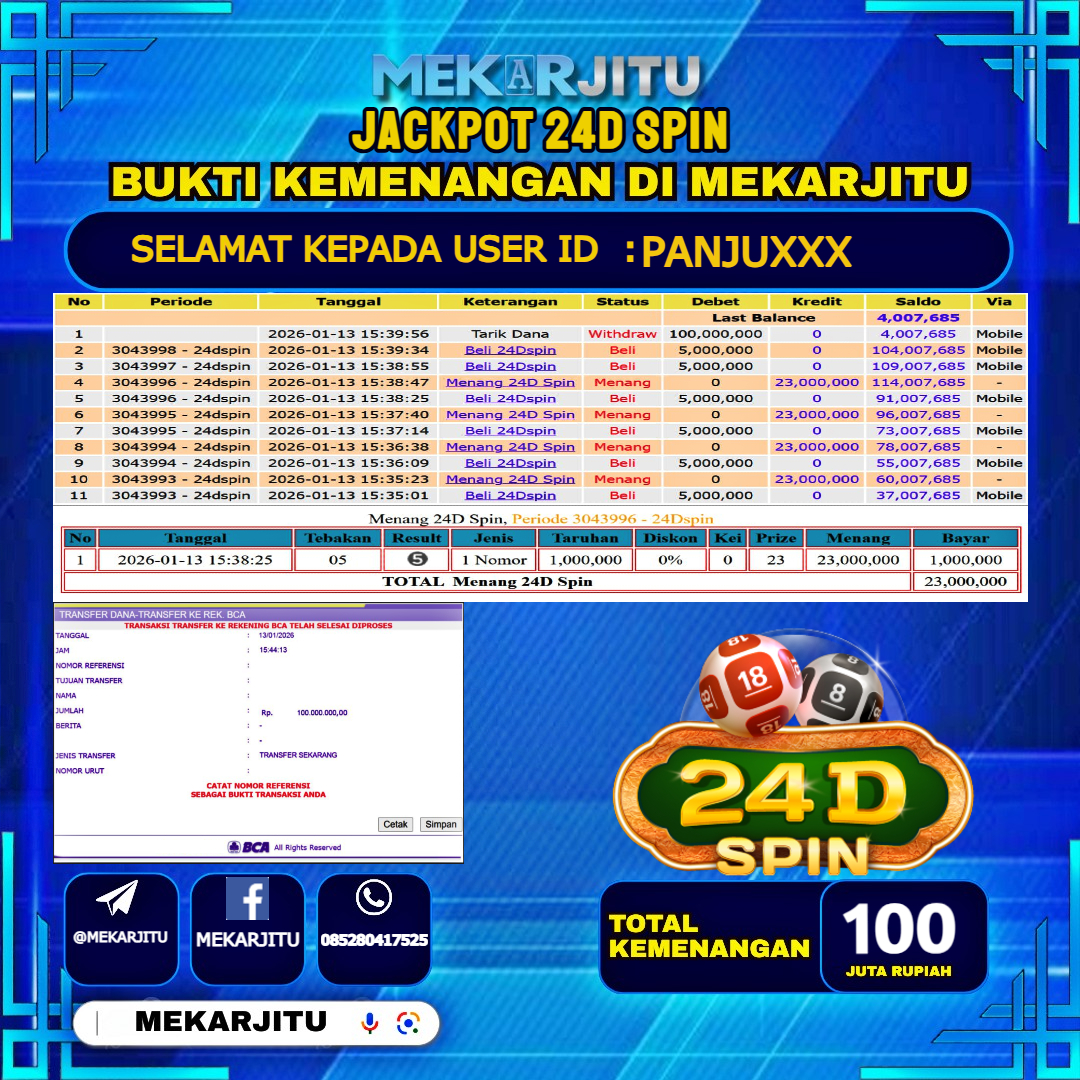 MEKARJITU JACKPOT  LIVE GAMES 24D SPIN  RP.100,000,000-LUNAS USER  ID : PANJU***                  
