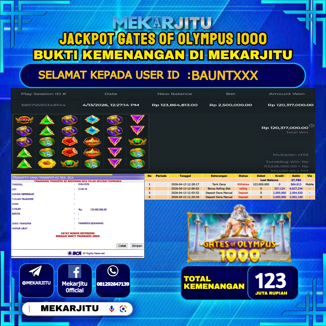 MEKARJITU JACKPOT  SLOT GATES OF OLYMPUS 1000  RP.123,000,000-LUNAS USER  ID : BAUNT***                  