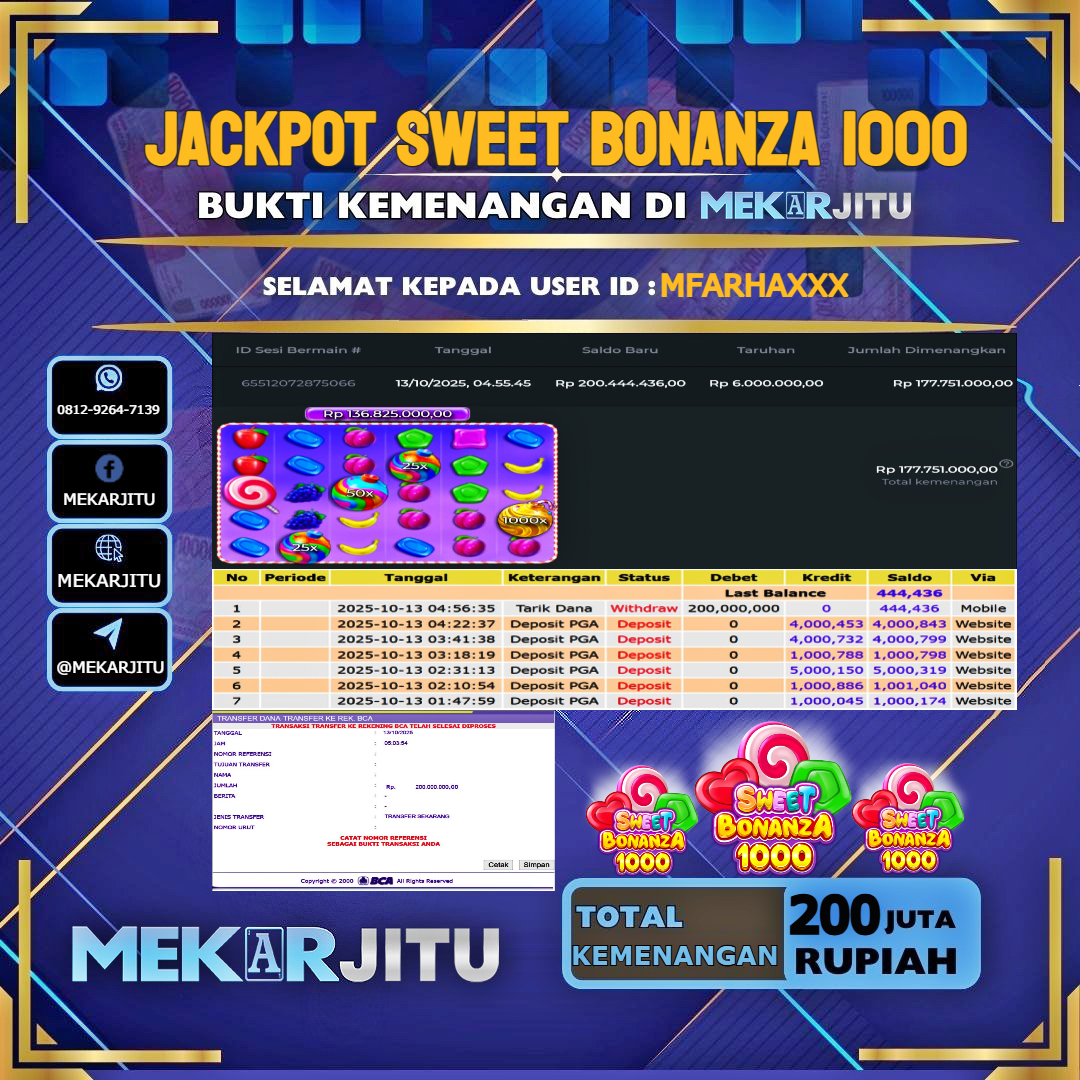 MEKARJITU JACKPOT SLOT SWEET BONANZA 1000 RP.200,000,000-LUNAS USER ID : MFARHA***
