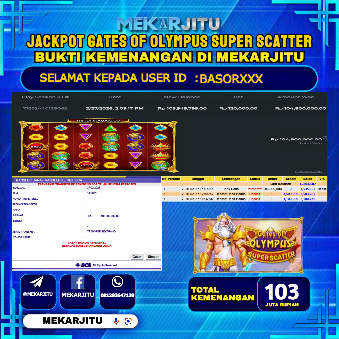 MEKARJITU JACKPOT  SLOT GATES OF OLYMPUS SUPER SCATTER  RP.103,000,000-LUNAS USER  ID :  BASOR***                  