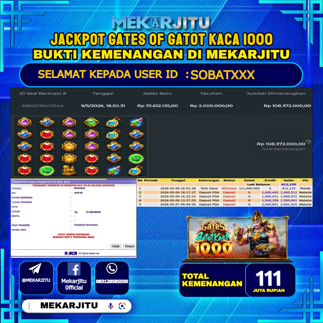 MEKARJITU JACKPOT  SLOT GATES OF GATOT KACA 1000  RP.111,000,000-LUNAS USER  ID : SOBAT***                  