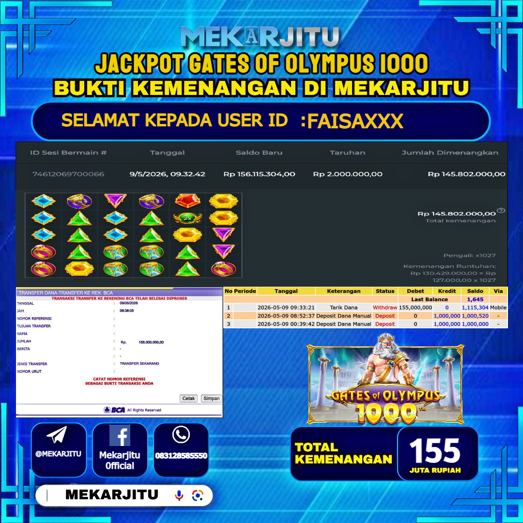 MEKARJITU JACKPOT  SLOT GATES OF OLYMPUS 1000  RP.155,000,000-LUNAS USER  ID : FAISA***                  