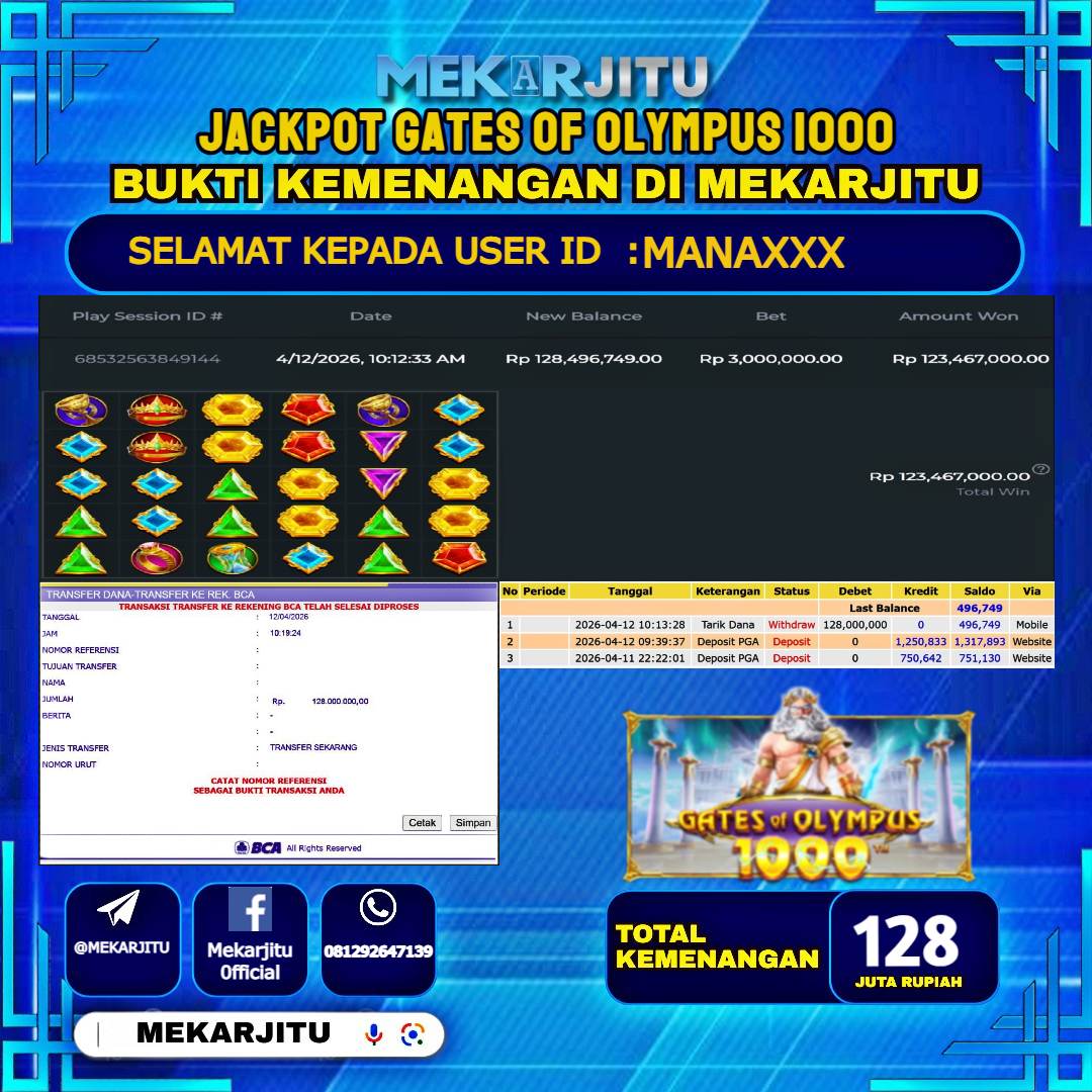 MEKARJITU JACKPOT  SLOT GATES OF OLYMPUS 1000  RP.128,000,000-LUNAS USER  ID : MANA***                  