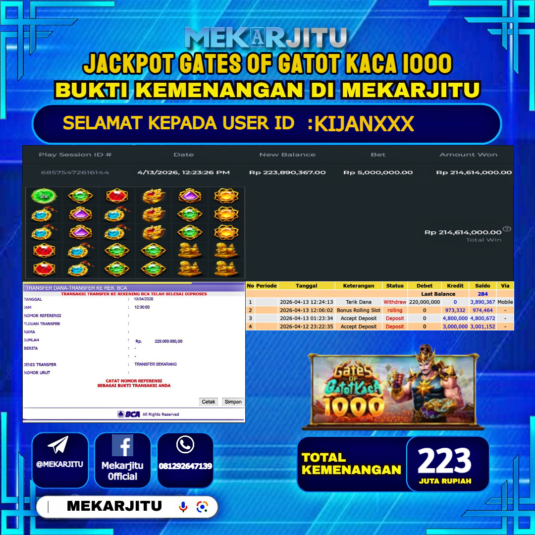 MEKARJITU JACKPOT  SLOT GATES OF GATOT KACA 1000  RP.223,000,000-LUNAS USER  ID : KIJAN***                  