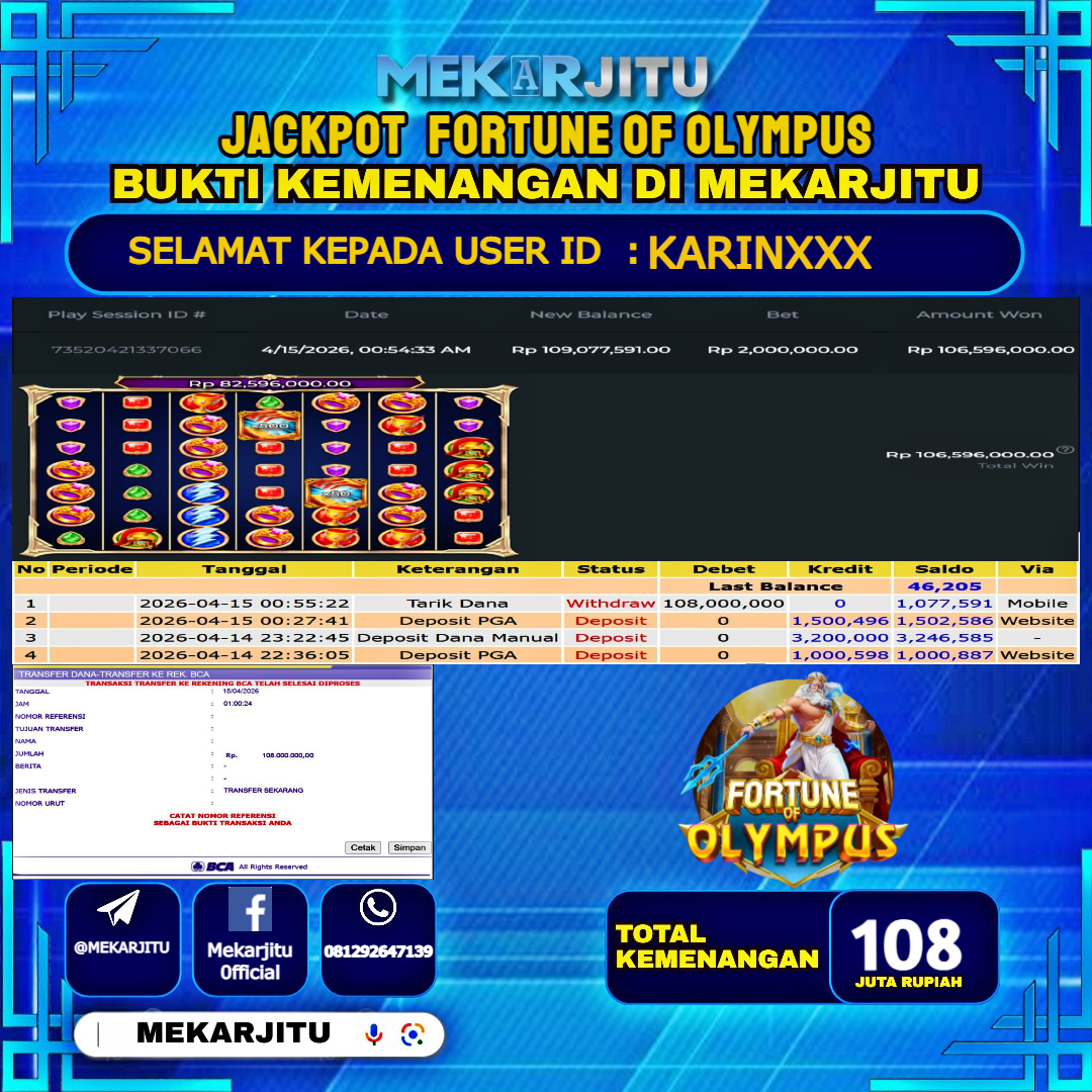 MEKARJITU JACKPOT  SLOT  FORTUNE OF OLYMPUS RP.108,000,000-LUNAS USER  ID : KARIN***                  