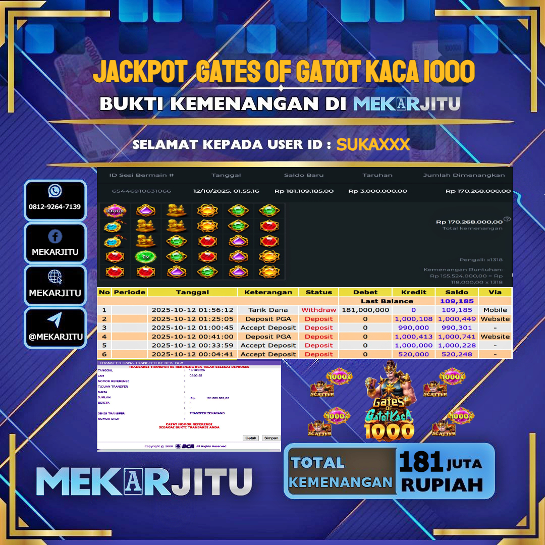 MEKARJITU JACKPOT SLOT GATES OF GATOT KACA 1000 RP.181,000,000-LUNAS USER ID : SUKA***