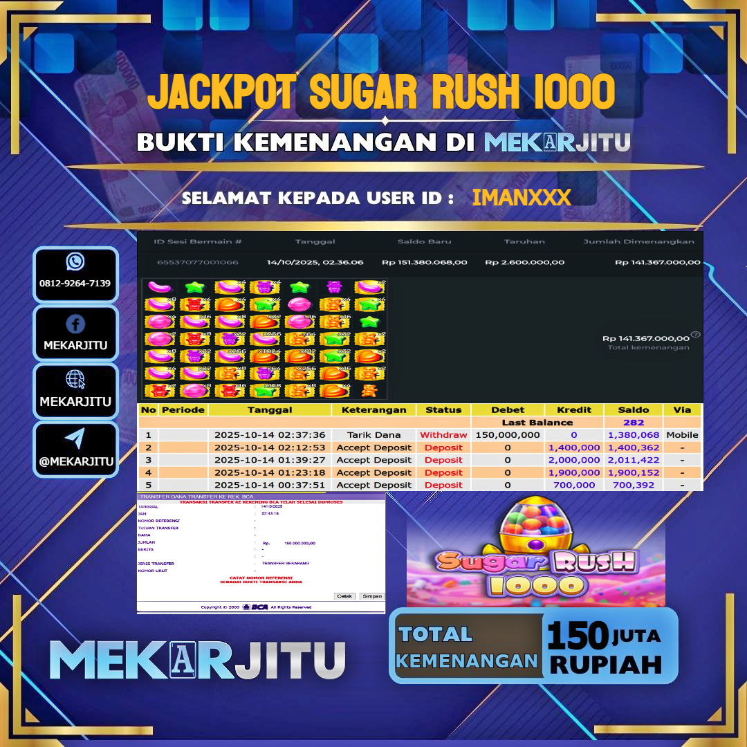 MEKARJITU JACKPOT SLOT SUGAR RUSH 1000 RP.150,000,000-LUNAS USER ID : IMAN***