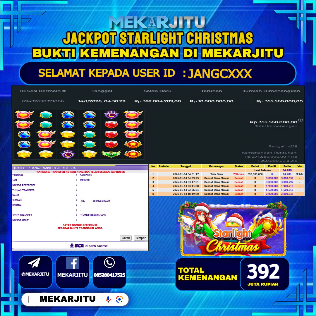 MEKARJITU JACKPOT  SLOT STARLIGHT CHRISTMAS  RP.392,000,000-LUNAS USER  ID : JANGC***                  