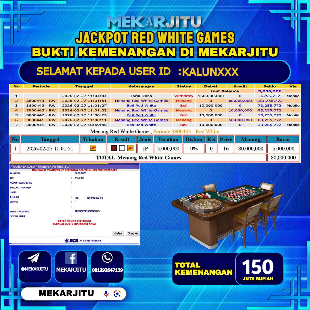 MEKARJITU JACKPOT  LIVE GAMES RED WHITE GAMES  RP.150,000,000-LUNAS USER  ID :  KALUN***                  