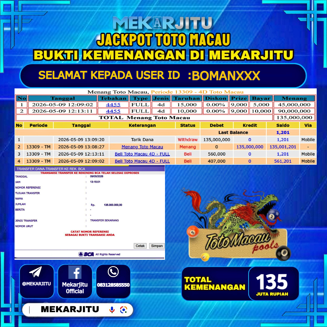 MEKARJITU JACKPOT  TOGEL TOTO MACAU  RP.135,000,000-LUNAS USER  ID : BOMAN***                  