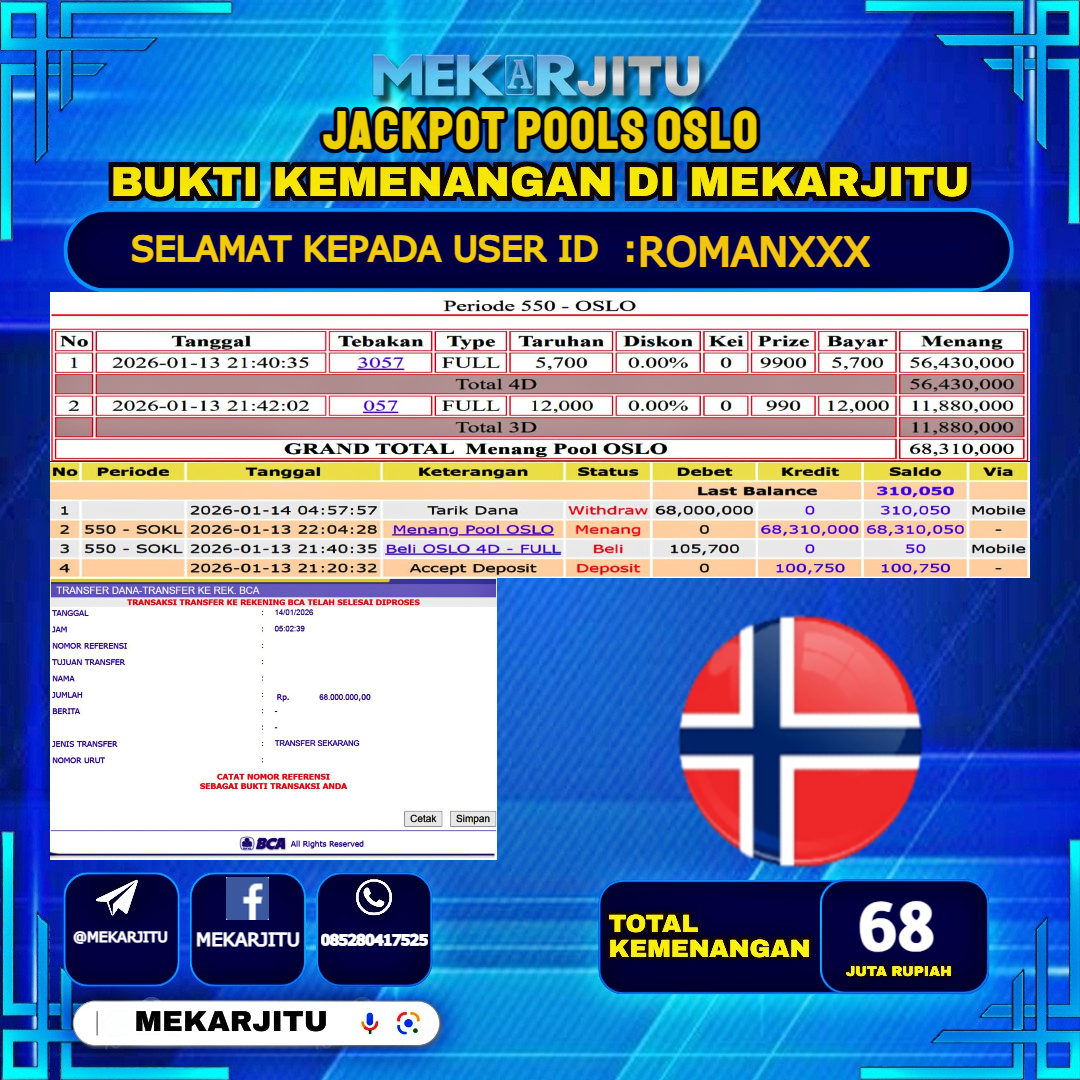 MEKARJITU JACKPOT  TOGEL OSLO  RP.68,000,000-LUNAS USER  ID : ROMAN***                  