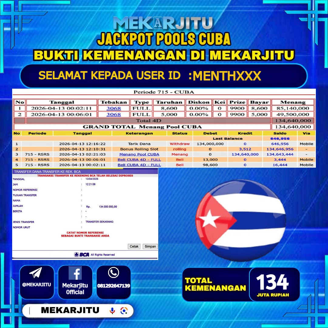MEKARJITU JACKPOT  TOGEL CUBA  RP.134,000,000-LUNAS USER  ID : MENTH***                  