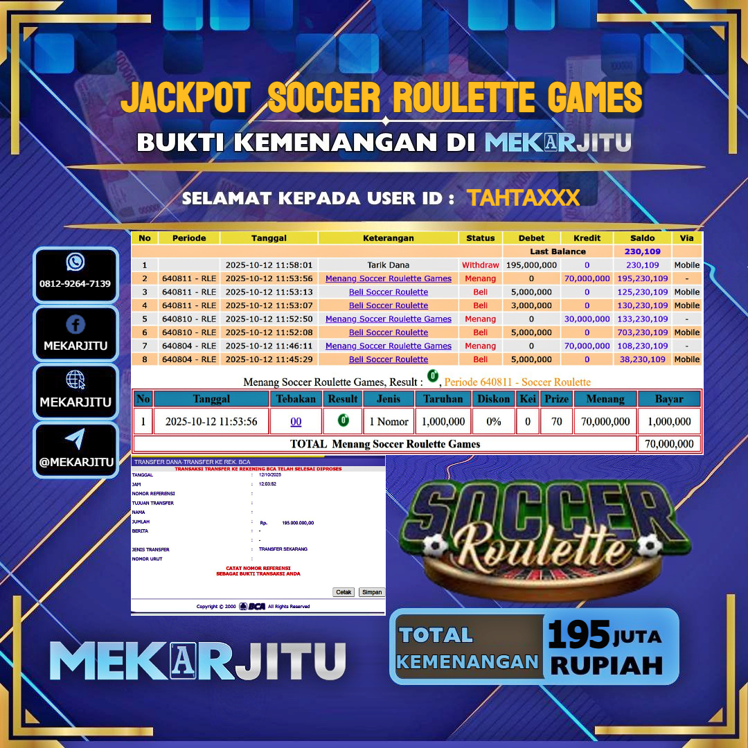 MEKARJITU JACKPOT LIVE GAMES SOCCER ROULETTE GAMES RP.195.000.000,- LUNAS USER ID : TAHTA***