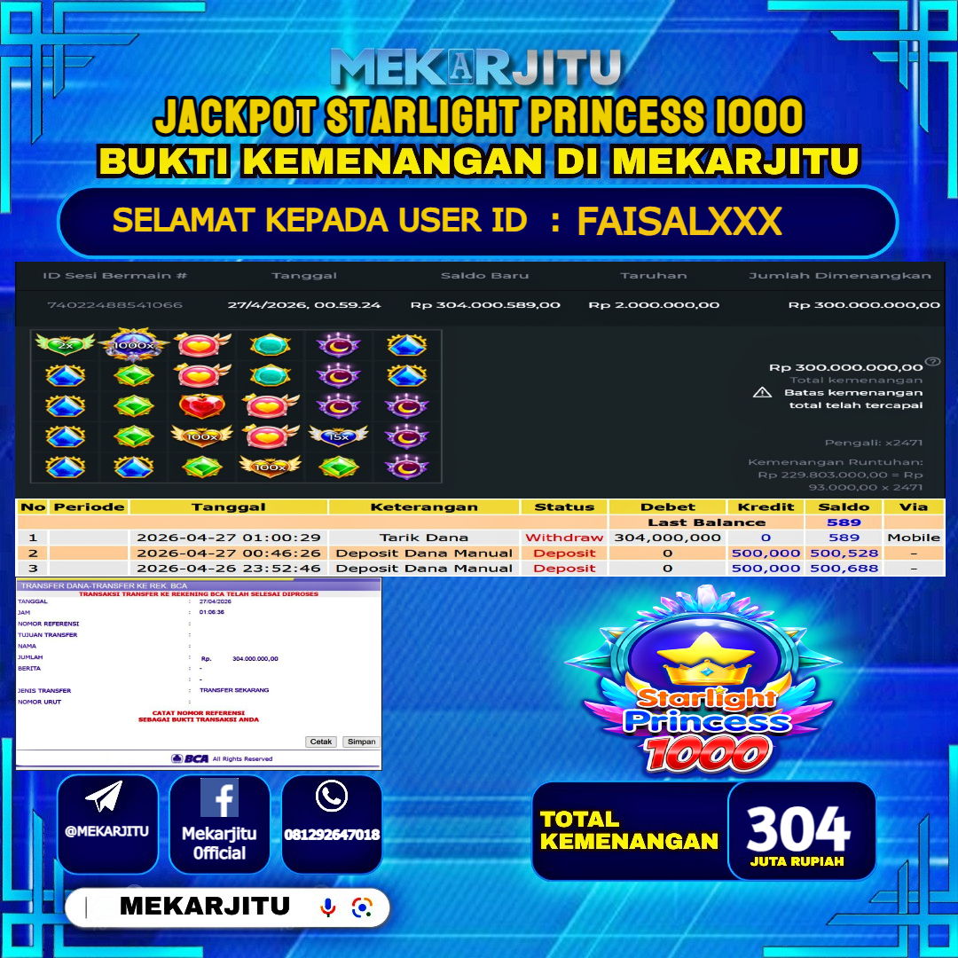 MEKARJITU JACKPOT  SLOT STARLIGHT PRINCESS 1000 RP.304,000,000-LUNAS USER  ID : FAISAL***                  
