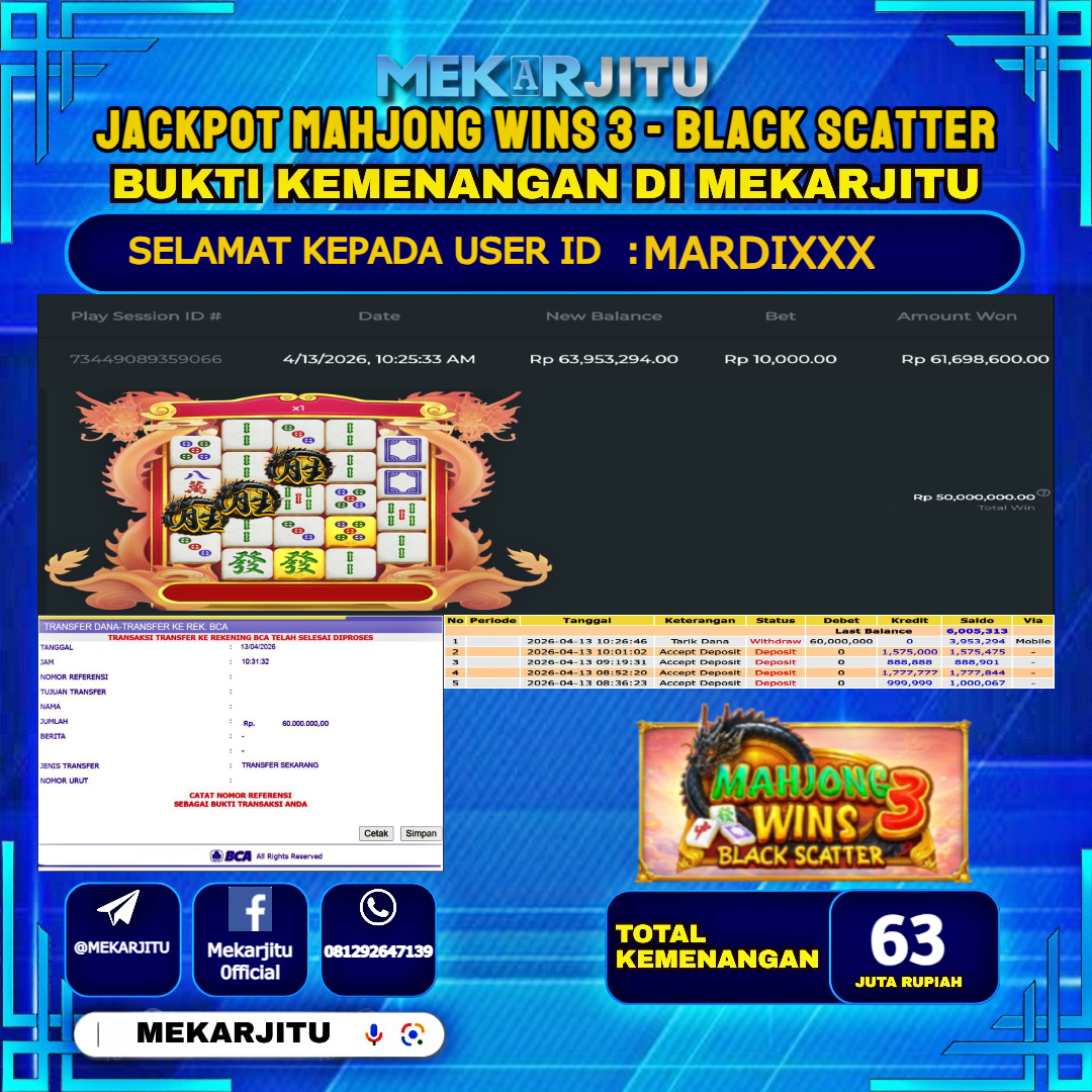 MEKARJITU JACKPOT  SLOT MAHJONG WINS 3 - BLACK SCATTER  RP.63,000,000-LUNAS USER  ID : MARDI***                  