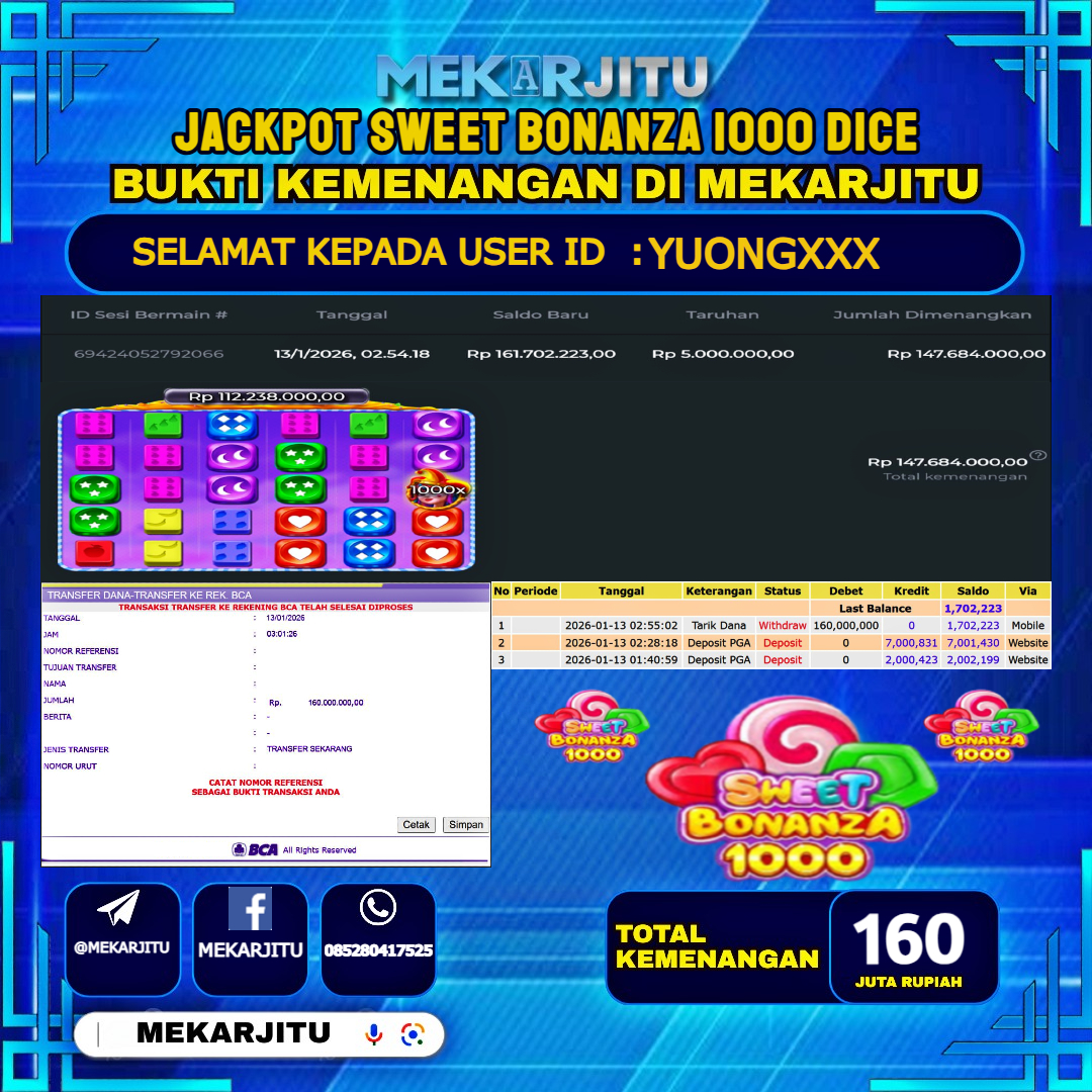 MEKARJITU JACKPOT  SLOT SWEET BONANZA 1000 DICE  RP.160,000,000-LUNAS USER  ID : YUONG***                  