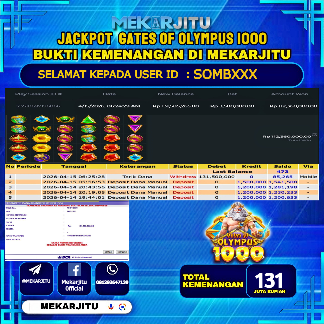 MEKARJITU JACKPOT  SLOT  GATES OF OLYMPUS 1000 RP.131,000,000-LUNAS USER  ID : SOMB***                  