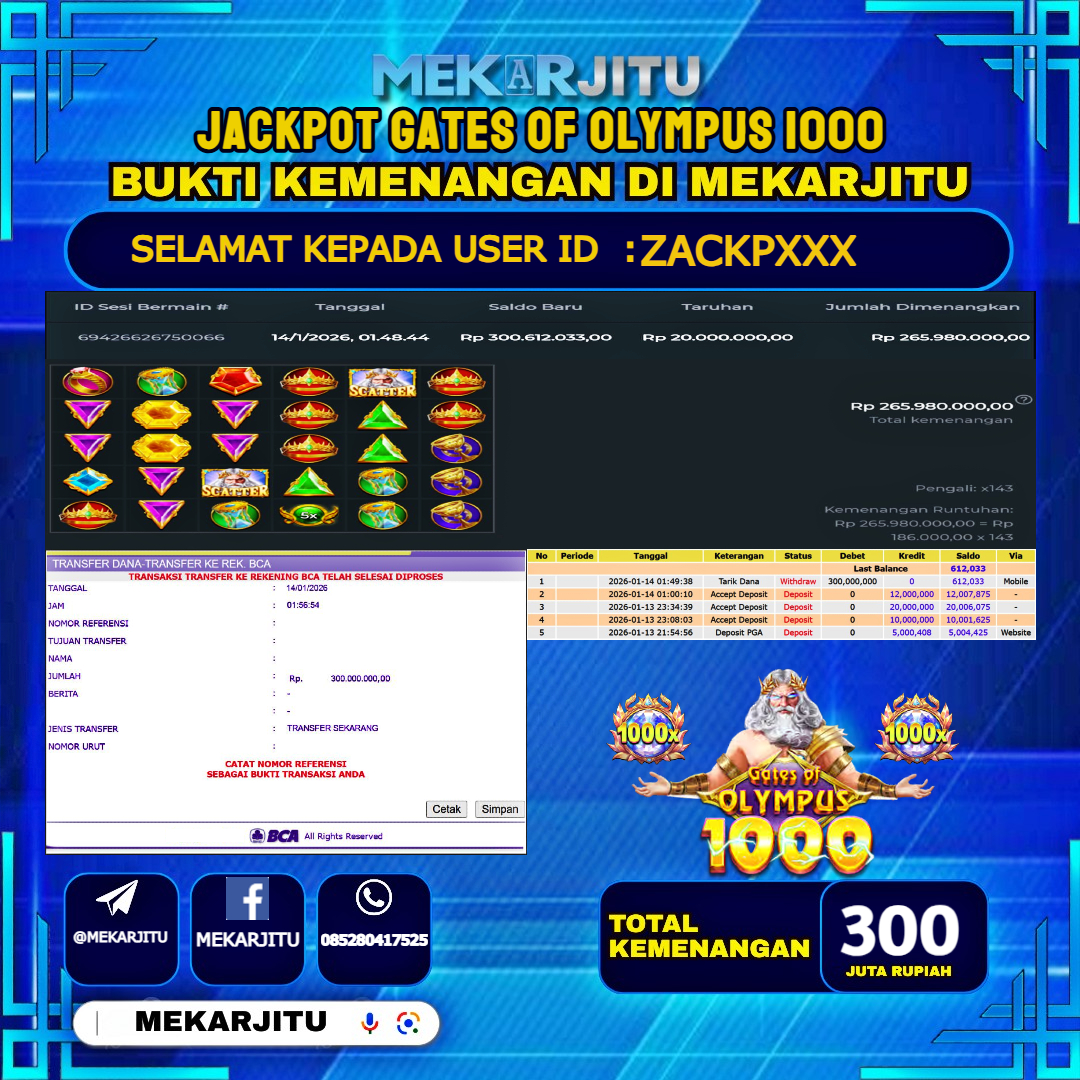 MEKARJITU JACKPOT  SLOT GATES OF OLYMPUS 1000  RP.300,000,000-LUNAS USER  ID : ZACKP***                  
