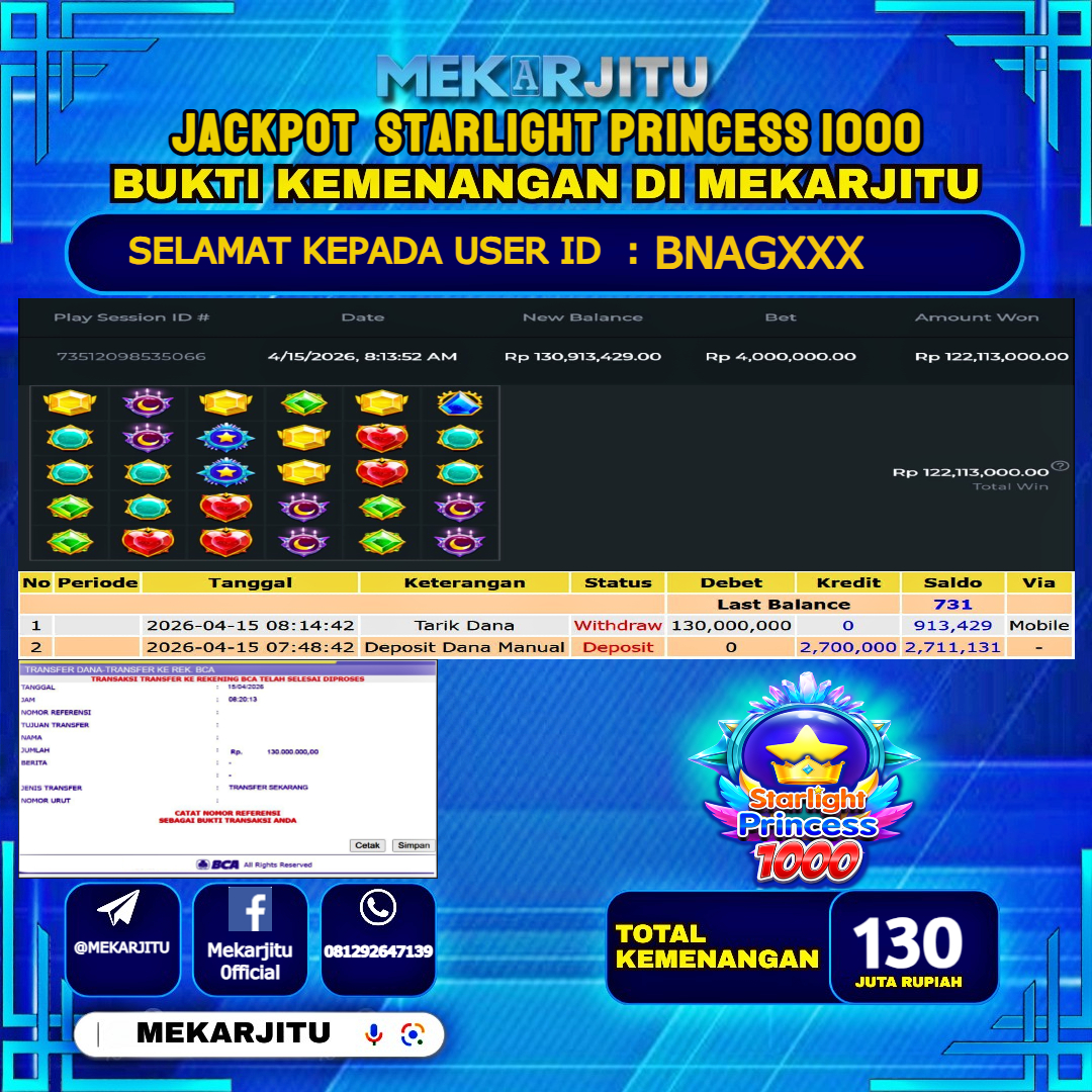 MEKARJITU JACKPOT  SLOT  STARLIGHT PRINCESS 1000 RP.130,000,000-LUNAS USER  ID : BNAG***                  