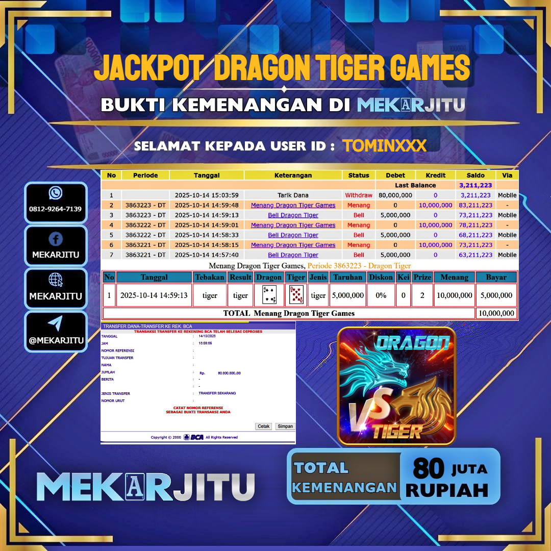 MEKARJITU JACKPOT LIVE GAMES DRAGON TIGER GAMES RP.80.000.000,- LUNAS USER ID : TOMIN***