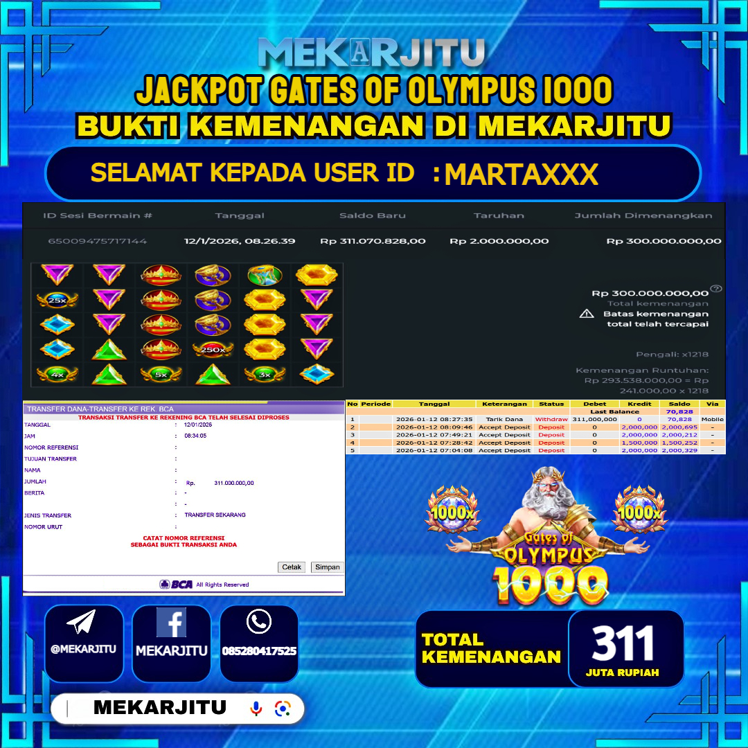 MEKARJITU JACKPOT  SLOT GATES OF OLYMPUS 1000  RP.311,000,000-LUNAS USER  ID : MARTA***                  