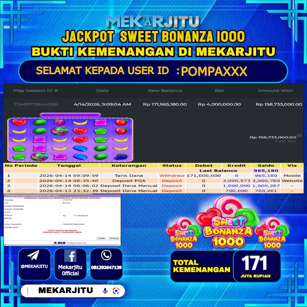 MEKARJITU JACKPOT  SLOT SWEET BONANZA 1000 RP.171,000,000-LUNAS USER  ID : POMPA***                  