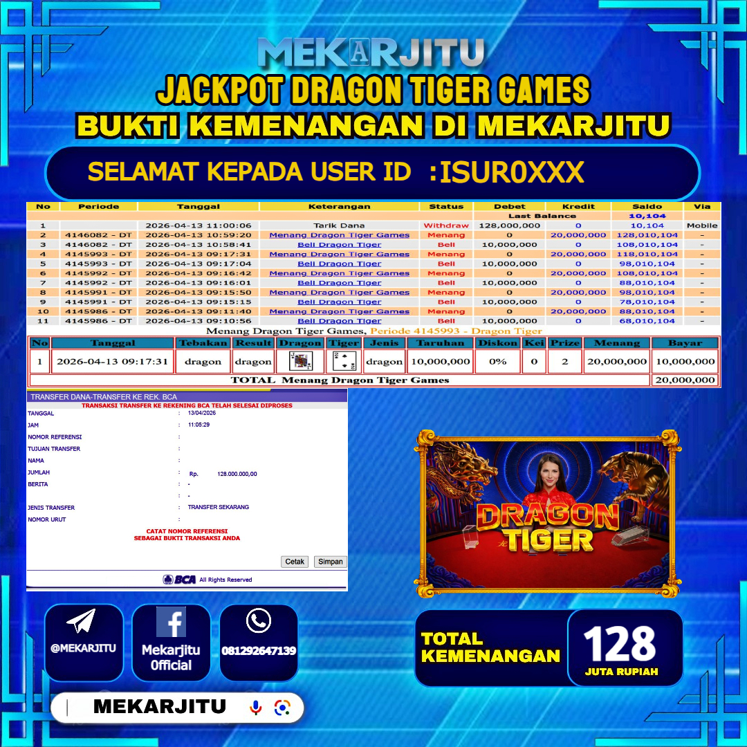 MEKARJITU JACKPOT  LIVE GAMES DRAGON TIGER GAMES  RP.128,000,000-LUNAS USER  ID : ISUR0***                  