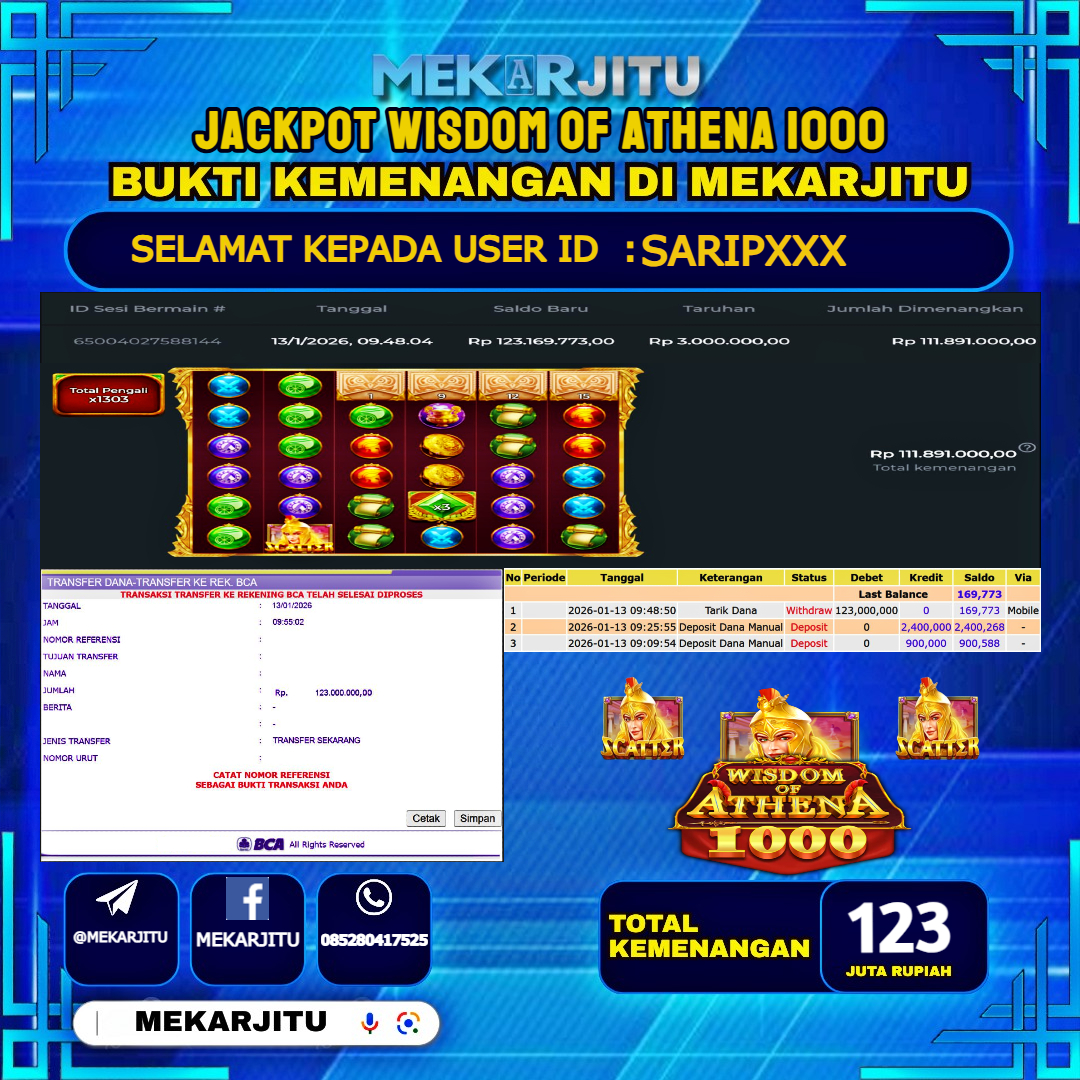 MEKARJITU JACKPOT  SLOT WISDOM OF ATHENA 1000  RP.123,000,000-LUNAS USER  ID : SARIP***                  
