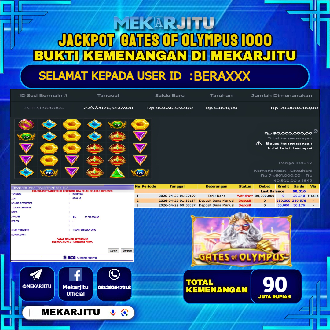 MEKARJITU JACKPOT  SLOT  GATES OF OLYMPUS 1000 RP.90,000,000-LUNAS USER  ID : BERA***                  