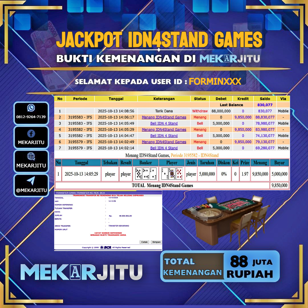 MEKARJITU JACKPOT LIVE GAMES IDN 4 STAND GAMES RP.88.000.000,- LUNAS USER ID : FORMIN***