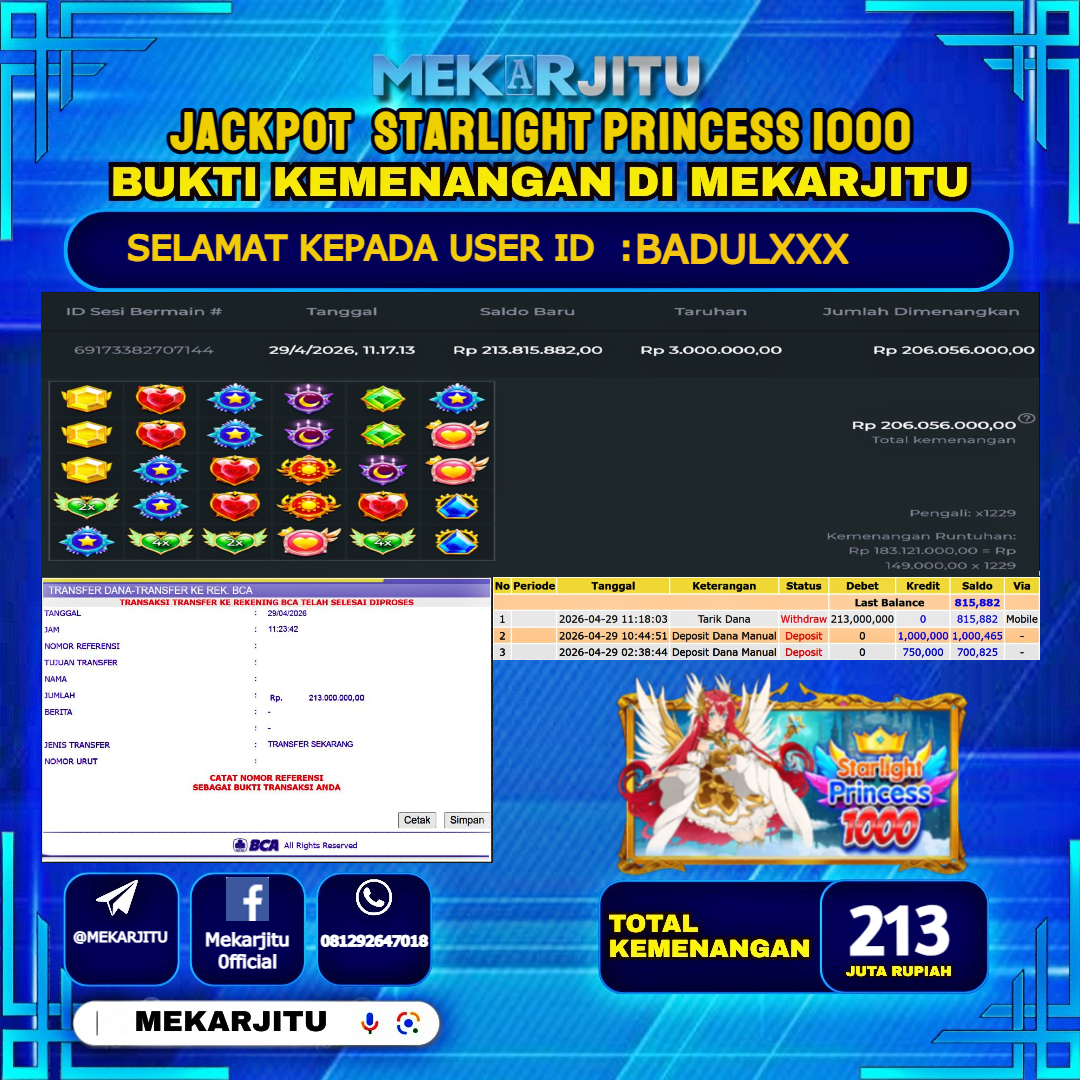 MEKARJITU JACKPOT  SLOT  STARLIGHT PRINCESS 1000 RP.213,000,000-LUNAS USER  ID : BADUL***                  