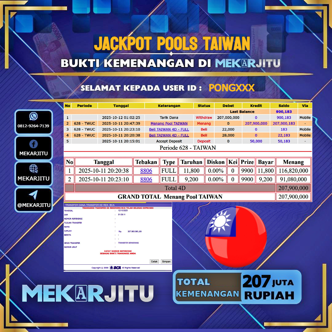 MEKARJITU JACKPOT TOGEL TAIWAN RP.207.000.000,- LUNAS USER ID : PONG***