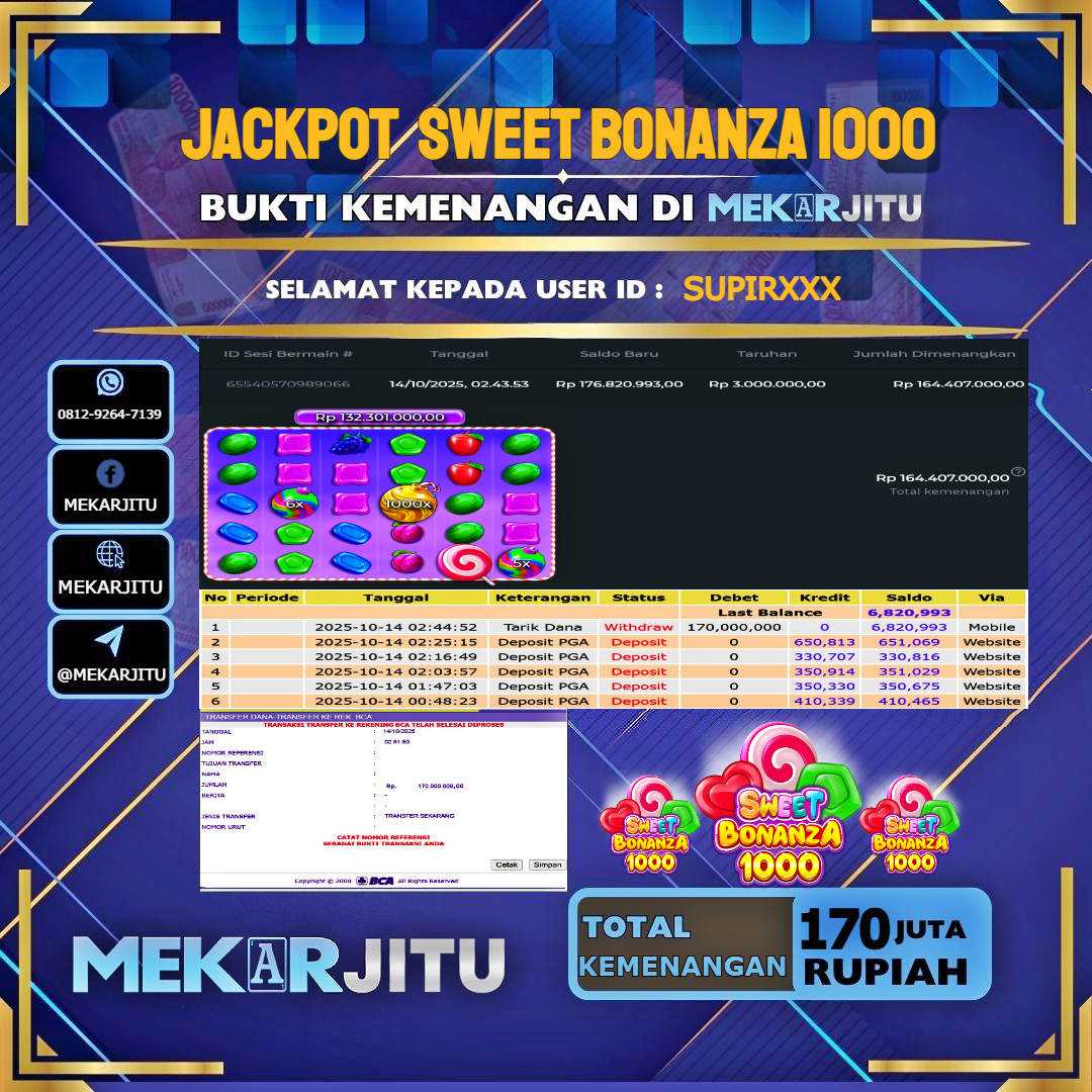 MEKARJITU JACKPOT SLOT SWEET BONANZA 1000 RP.170,000,000-LUNAS USER ID : SUPIR***