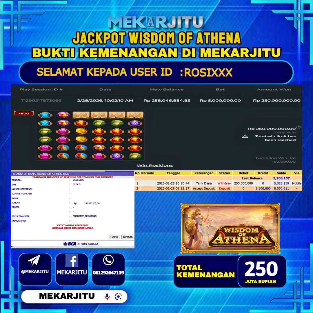 MEKARJITU JACKPOT  SLOT WISDOM OF ATHENA  RP.250,000,000-LUNAS USER  ID :  ROSI***                  