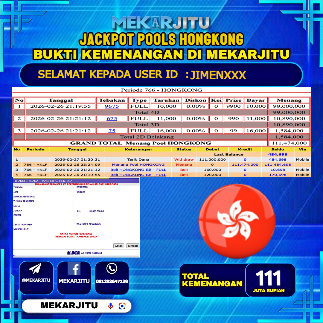 MEKARJITU JACKPOT  TOGEL HONGKONG  RP.111,000,000-LUNAS USER  ID :  JIMEN***                  