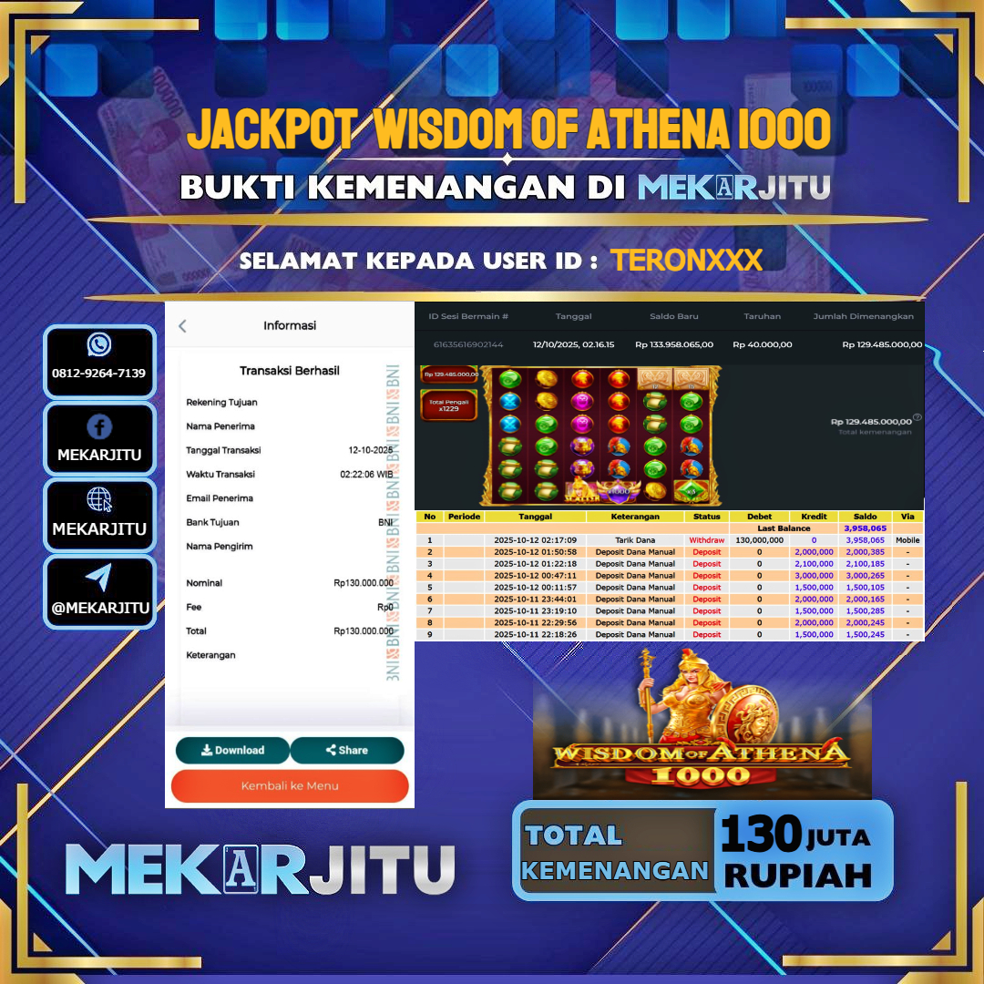MEKARJITU JACKPOT SLOT WISDOM OF ATHENA 1000 RP.130,000,000-LUNAS USER ID : TERON***