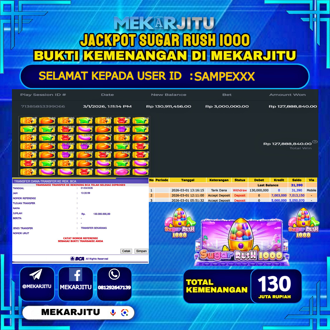 MEKARJITU JACKPOT  SLOT SUGAR RUSH 1000  RP.130,000,000-LUNAS USER  ID :  SAMPE***                  