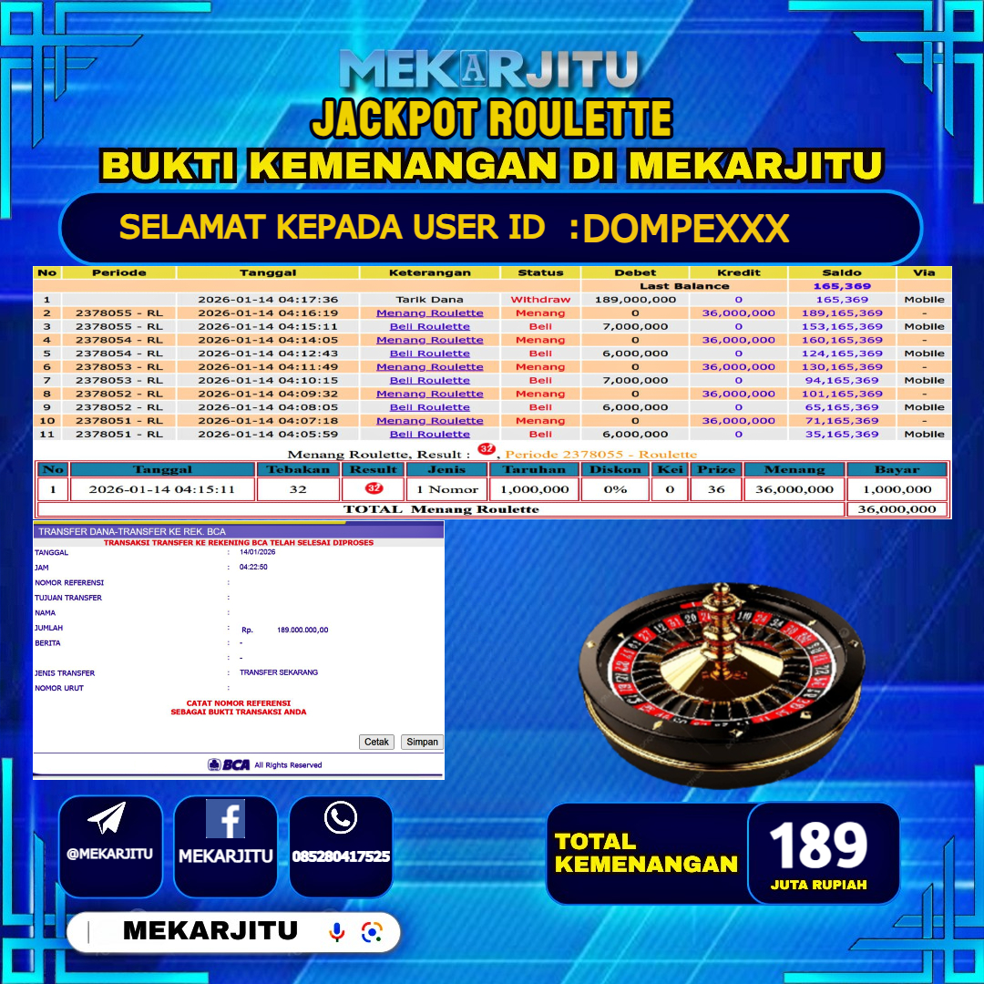 MEKARJITU JACKPOT  LIVE GAMES ROULETTE  RP.189,000,000-LUNAS USER  ID : DOMPE***                  