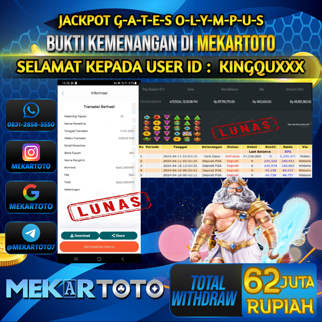 MEKARJITU JACKPOT SLOT GATES OF OLYMPUS RP. 62.000.000,- LUNAS