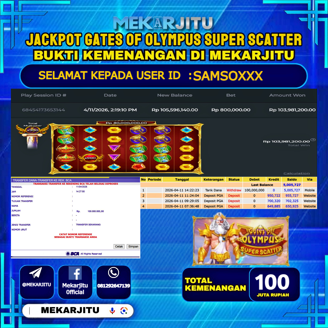 MEKARJITU JACKPOT  SLOT GATES OF OLYMPUS SUPER SCATTER  RP.100,000,000-LUNAS USER  ID : SAMSO***                  