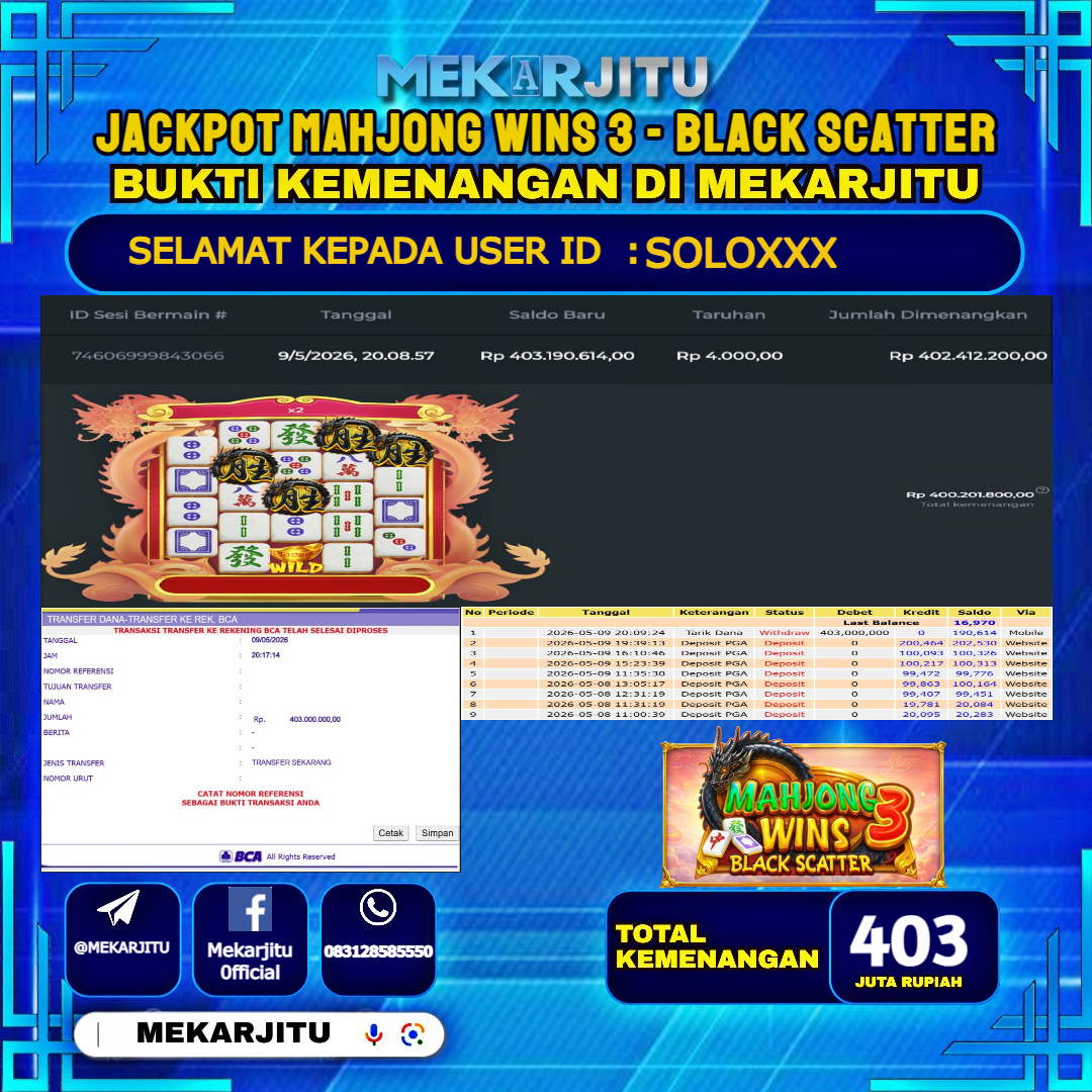 MEKARJITU JACKPOT  SLOT MAHJONG WINS 3 - BLACK SCATTER RP.403,000,000-LUNAS USER  ID : SOLO***                  