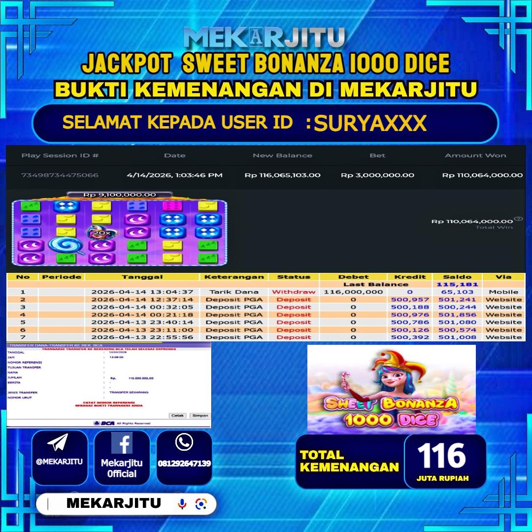 MEKARJITU JACKPOT  SLOT SWEET BONANZA 1000 DICE RP.116,000,000-LUNAS USER  ID : SURYA***                  