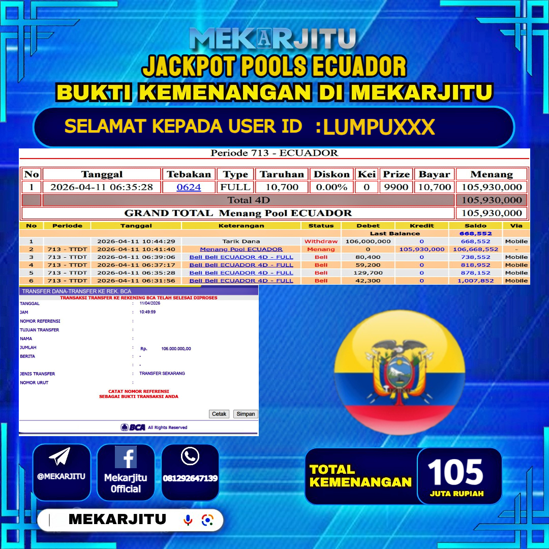 MEKARJITU JACKPOT  TOGEL ECUADOR  RP.105,000,000-LUNAS USER  ID : LUMPU***                  